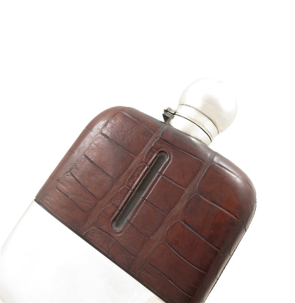 Antique Silver Plated & Crocodile Leather Hip Flask c1880