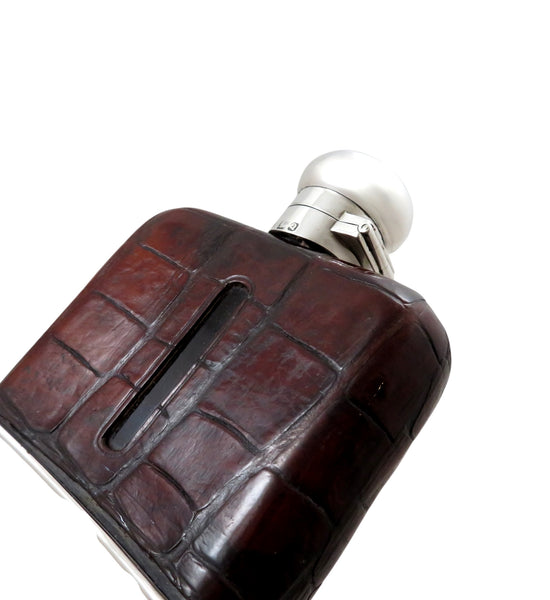 Antique Victorian Sterling Silver & Crocodile Leather 6" Hip Flask 1899