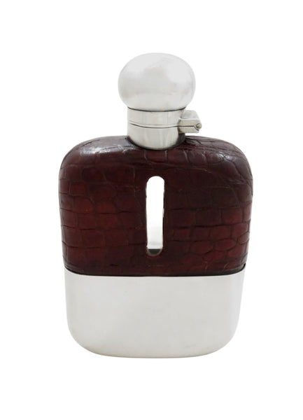 Antique Sterling Silver & Crocodile Leather 5" Hip Flask 1929