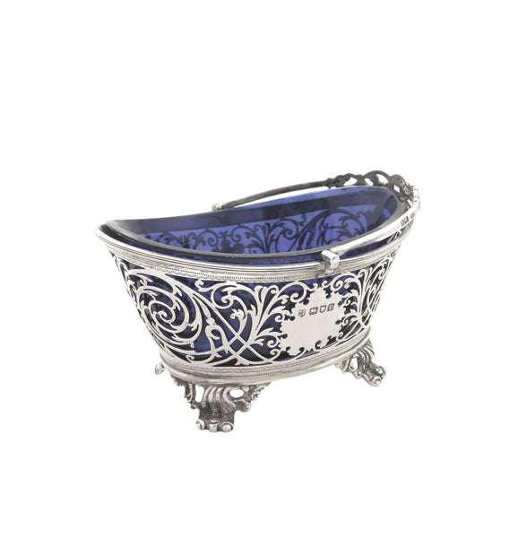 Antique Edwardian Sterling Silver Basket with Blue Glass Liner 1901