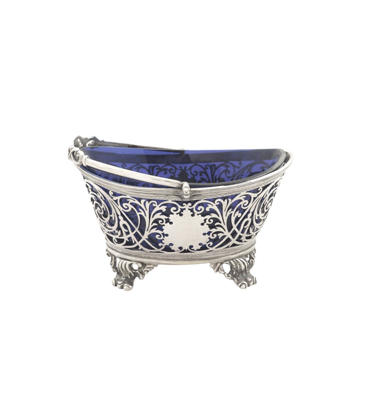 Antique Edwardian Sterling Silver Basket with Blue Glass Liner 1901