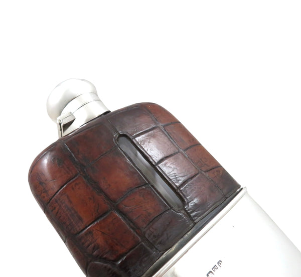 Antique Victorian Sterling Silver & Crocodile Leather 6" Hip Flask 1899