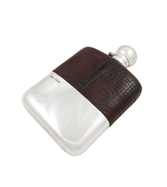 Antique Sterling Silver & Crocodile Leather 6" Hip Flask 1912