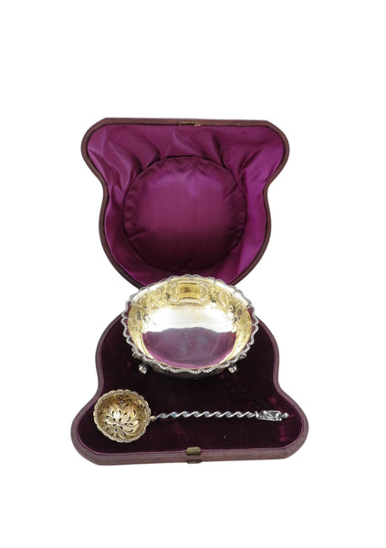 Antique Victorian Sterling Silver Sugar Bowl & Sifter Spoon in Case 1875