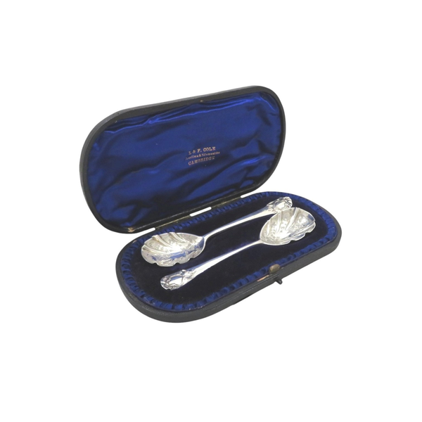 Pair of Antique Victorian Sterling Silver Jam / Preserve Spoons in Case 1900