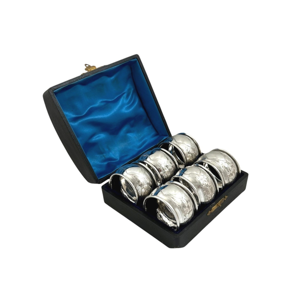 Set of 6 Antique Sterling Silver Napkin Rings in Case 1912