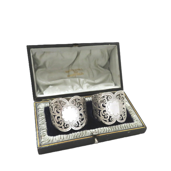 Pair of Antique Edwardian Sterling Silver Pierced Napkin Rings in Case 1909