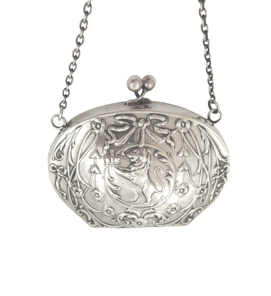 Antique Art Nouveau Sterling Silver 'Rampant Lion' Purse 1909