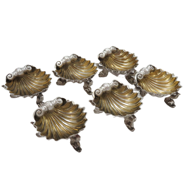 Set of 6 Antique Victorian Sterling Silver Dolphin Shell Salt Cellars 1870