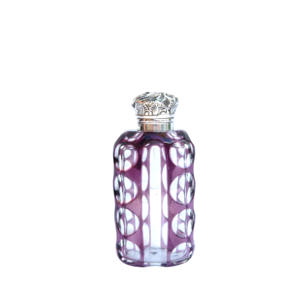 Antique Edwardian Sterling Silver & Purple Overlay Cut Glass Scent/Perfume Bottle 1902