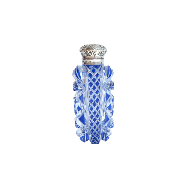 Antique Victorian Sterling Silver & Blue Overlay Cut Glass Scent / Perfume Bottle 1897