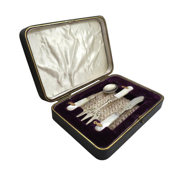 Antique Edwardian Sterling Silver & Mother of Pearl Toast / Crumpet Cutlery Set 1906