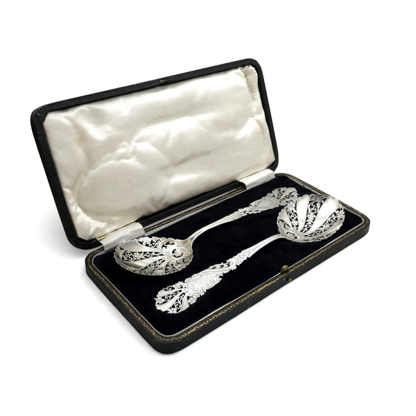 Pair of Antique Victorian Sterling Silver Pierced Serving Spoons in Case 1899