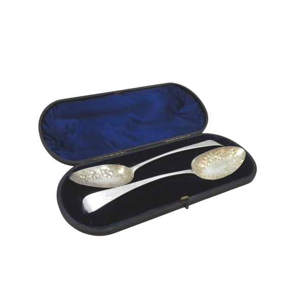 Pair of Antique Georgian Sterling Silver Berry Spoons in Case 1814