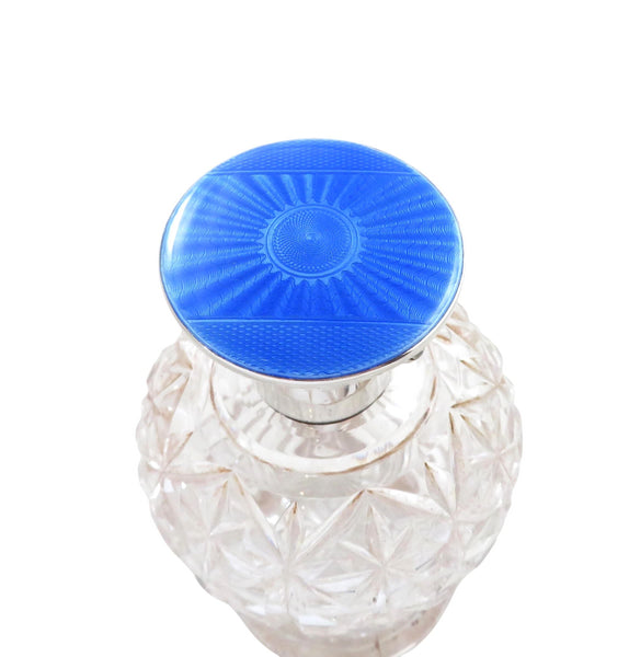 Antique Sterling Silver & Blue Enamel Cut Glass 5 3/4" Scent / Perfume Bottle 1930