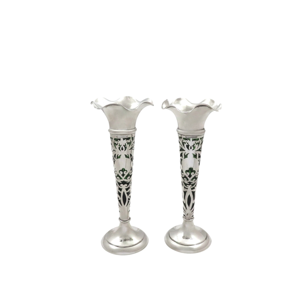 Pair of Antique Edwardian Sterling Silver & Green Glass Liner Bud Vases 1905