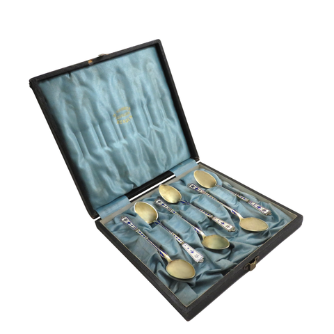 Set of 6 Antique Danish Silver & Enamel Teaspoons - Simon Groth