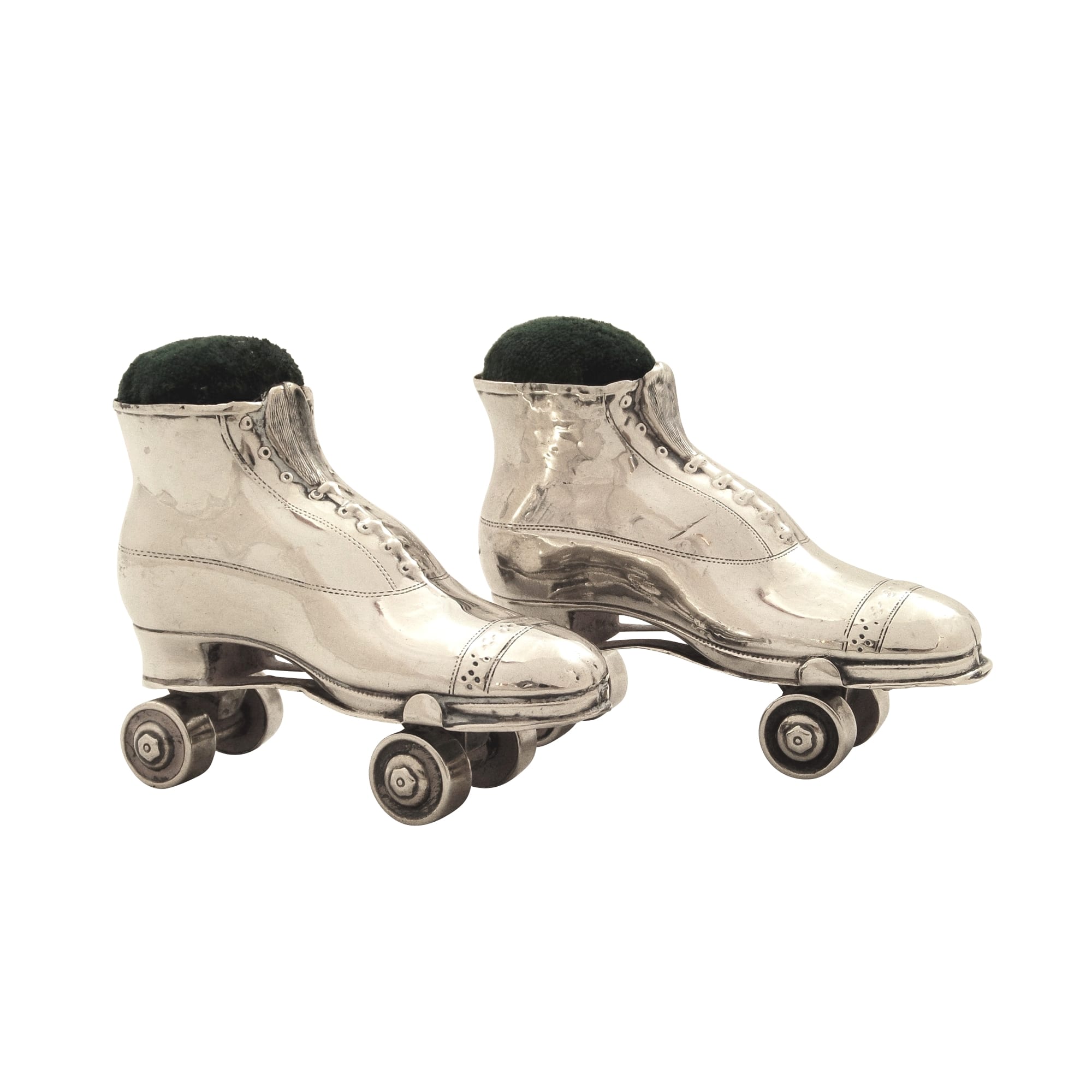 Pair of Antique Edwardian Sterling Silver Roller Skate Pin Cushions 1910