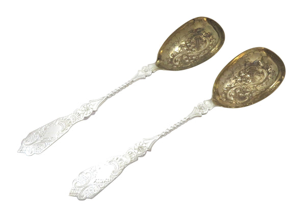 Pair of Antique Victorian Sterling Silver Berry Spoons in Case 1899