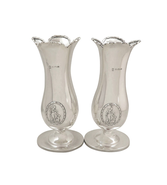 Pair of Antique Sterling Silver Vases - Mother & Child Scene 1912