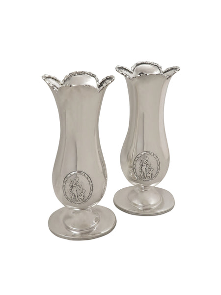 Pair of Antique Sterling Silver Vases - Mother & Child Scene 1912