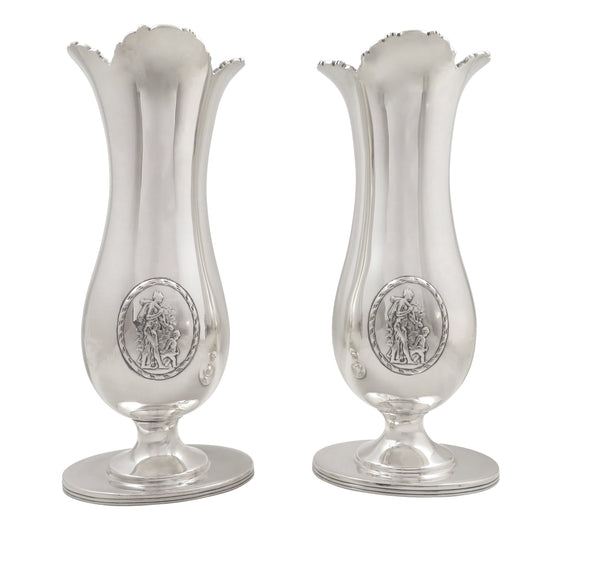 Pair of Antique Sterling Silver Vases - Mother & Child Scene 1912