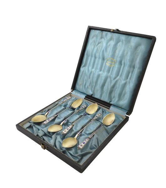 Set of 6 Antique Danish Silver & Enamel Teaspoons - Simon Groth