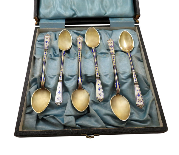 Set of 6 Antique Danish Silver & Enamel Teaspoons - Simon Groth