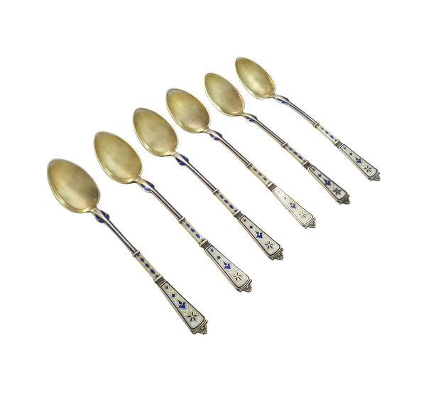 Set of 6 Antique Danish Silver & Enamel Teaspoons - Simon Groth