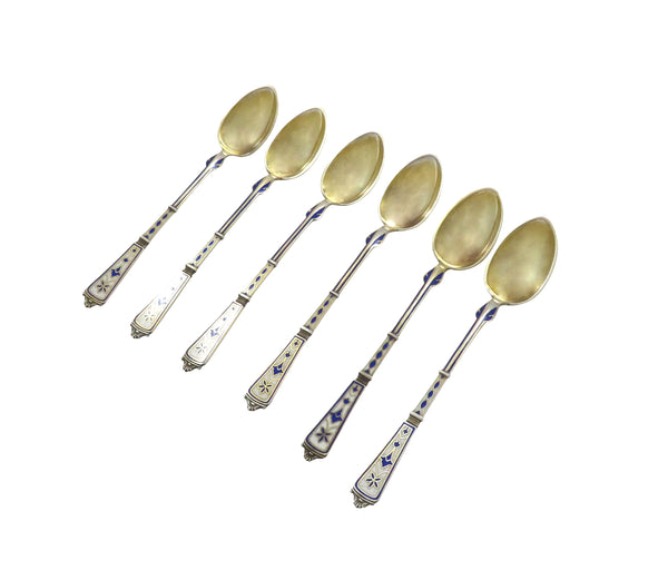 Set of 6 Antique Danish Silver & Enamel Teaspoons - Simon Groth