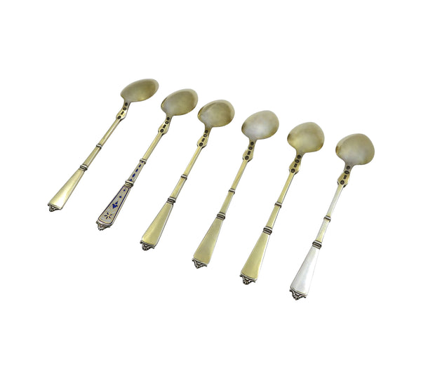Set of 6 Antique Danish Silver & Enamel Teaspoons - Simon Groth