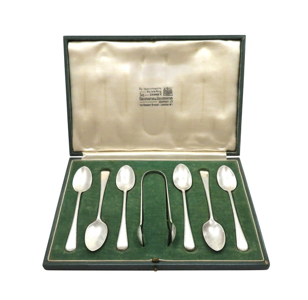 Set of 6 Antique Sterling Silver Teaspoons & Sugar Tongs in Case 1939