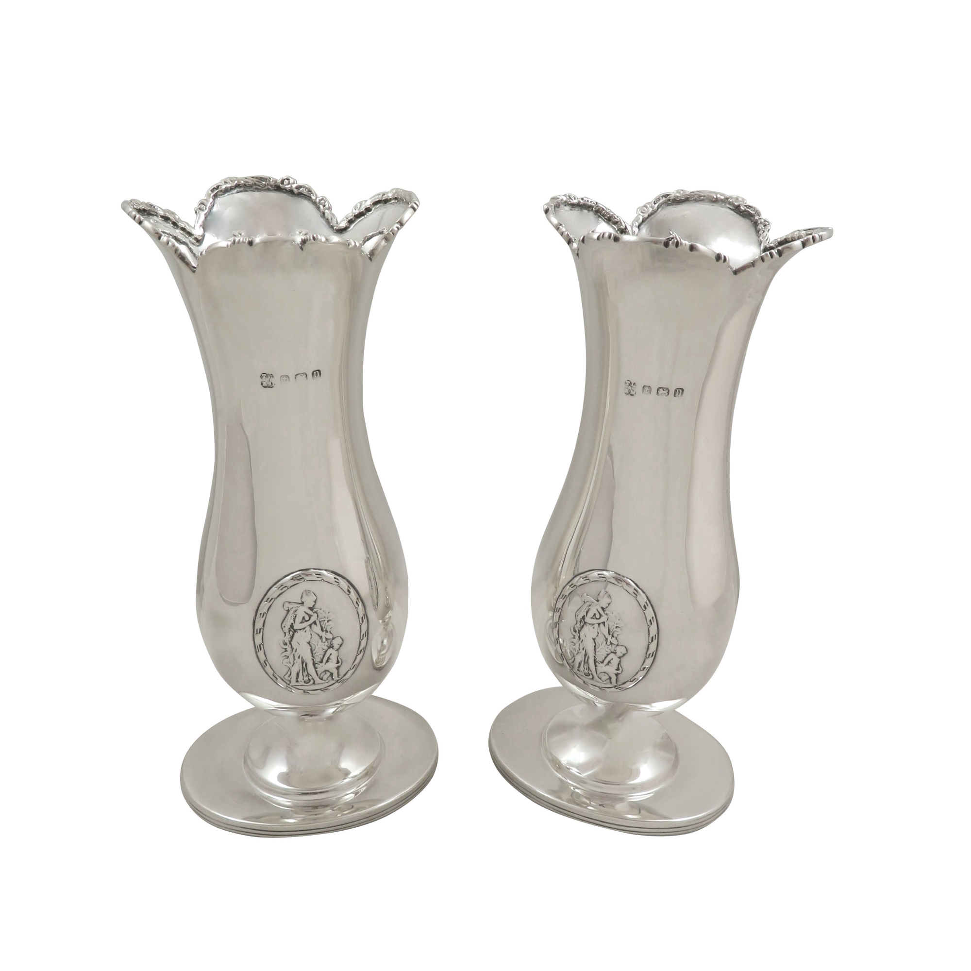 Pair of Antique Sterling Silver Vases - Mother & Child Scene 1912