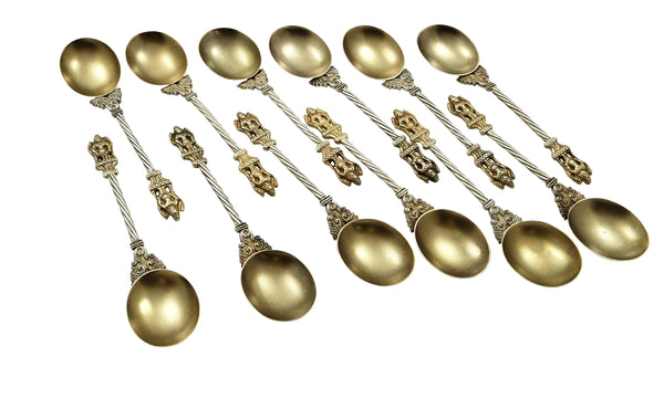 Set of 12 Antique Victorian Frosted Silver Gilt Teaspoons in Box 1888